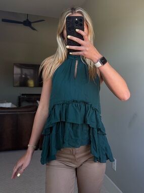 cinq a sept Teal Green Ruffled Halter Camisole